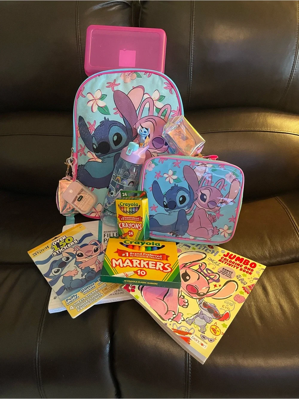 Disney Lilo and Stitch backpack bundle with pink and blue characters and flowers